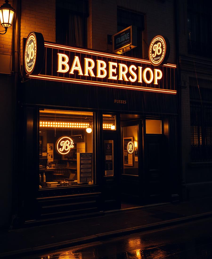 Barbershop storefront glowing at night